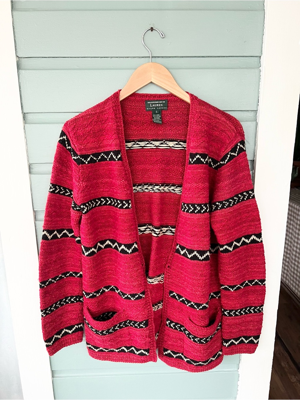 Vintage Ralph Lauren hand knit southwestern red cardigan Aztec funky fall size S
